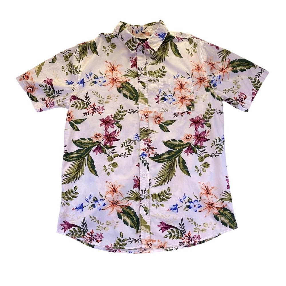 PacSun Mens White Tropical Floral Print Short Sleeve Button Up Shirt M Tropical